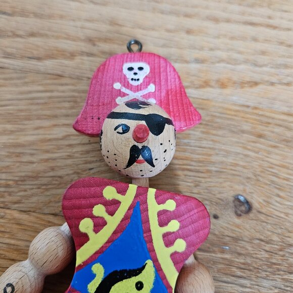 Vintage 70s 80s Handmade Wooden Pirate Pull Toy Ornament Made in Austria 7" - Picture 2 of 4